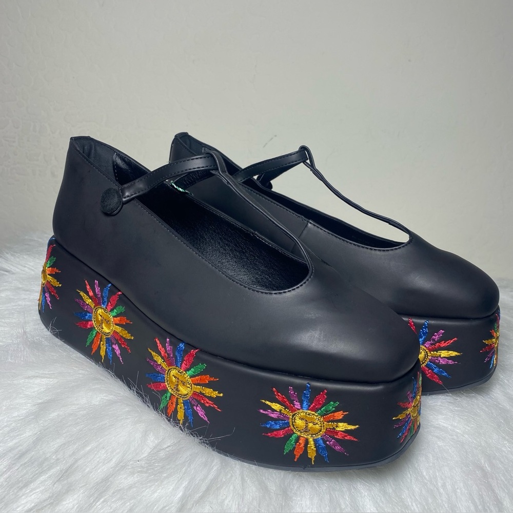 FARM Rio Ballerina Mary Black Platforms with Vibrant Sun Embroidery